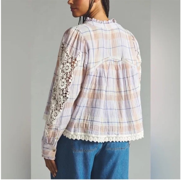 NWT Anthropologie PILCRO Purple Lavender Haze Plaid Crochet Sleeves Blouse - Picture 2 of 11